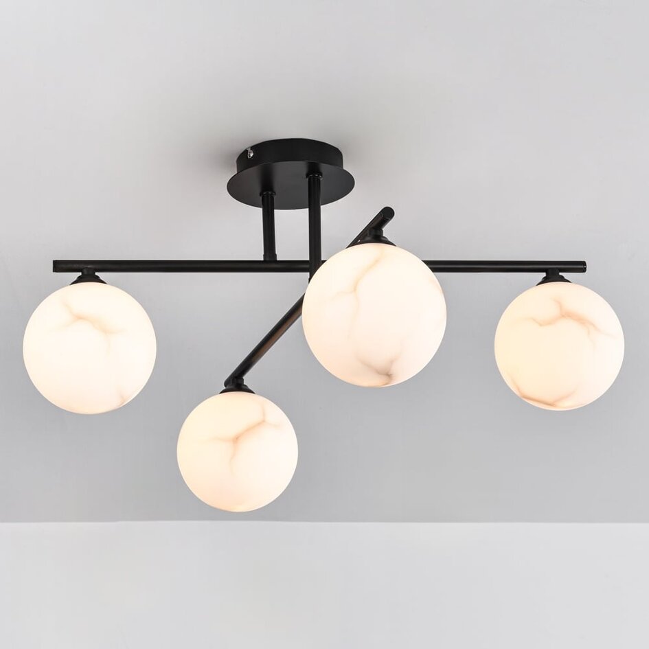 Moderne plafondlamp mat zwart met marmerlook bollen, 4-lichts - Nymo