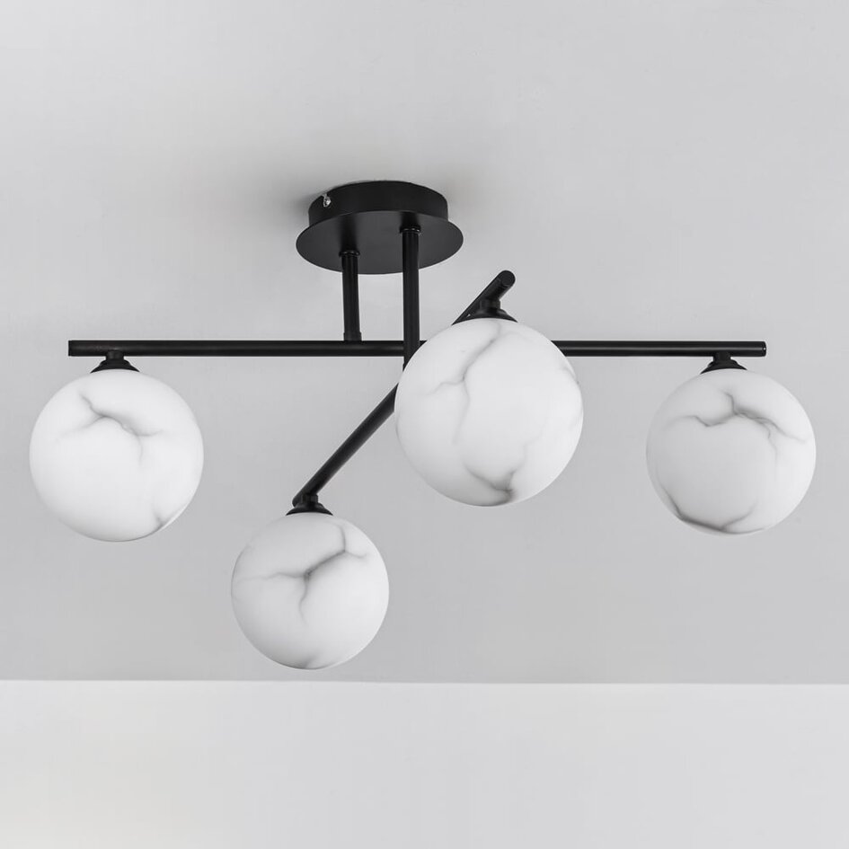 Moderne plafondlamp mat zwart met marmerlook bollen, 4-lichts - Nymo