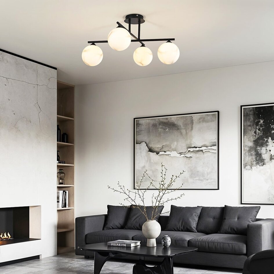 Moderne plafondlamp mat zwart met marmerlook bollen, 4-lichts - Nymo