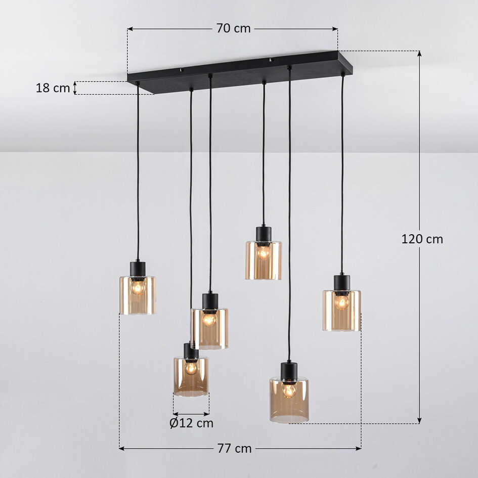Lampe suspendue noire Palaio avec verre ambré, 6 lumières