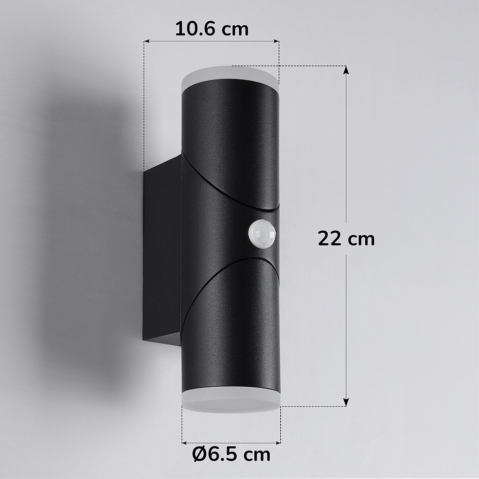 Verstelbare ronde buitenwandlamp Tess met sensor - zwart