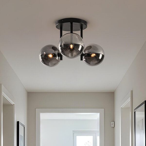 3-lichts zwarte plafondlamp Elora met smoke glas