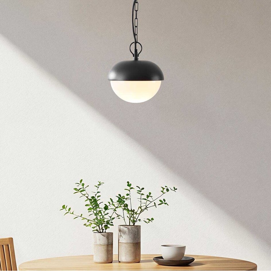Lampe suspendue d'extérieur noire avec abat-jour blanc laiteux - Junia