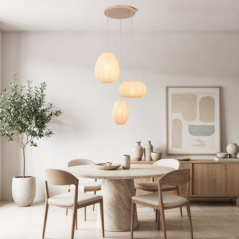 Suspension japandi à 3 lumières avec lanternes en tissu beige - Fabrica