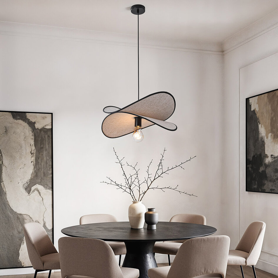 Design hanglamp Sapca, beige linnen met zwarte accenten