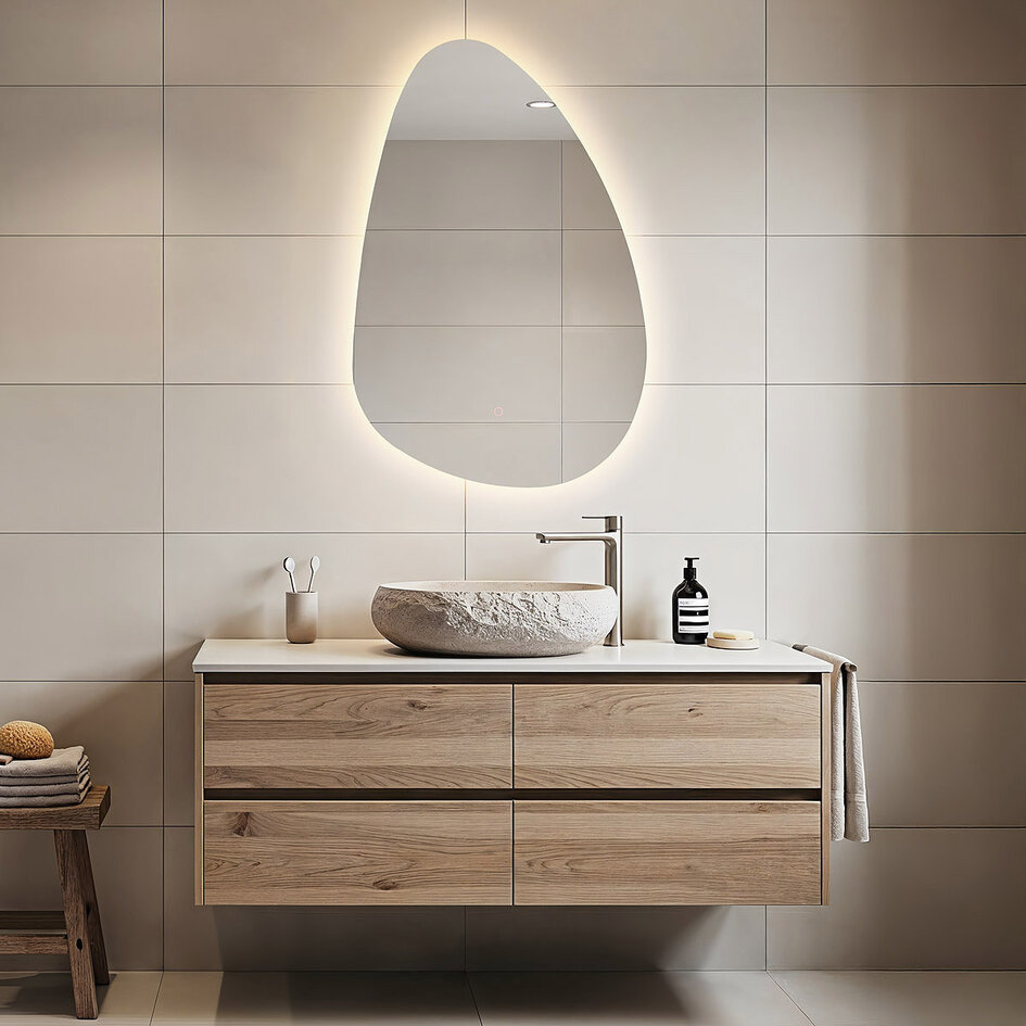 Miroir de salle de bains Glimmer avec lumière variable, capteur tactile, couleurs réglables et miroir chauffant