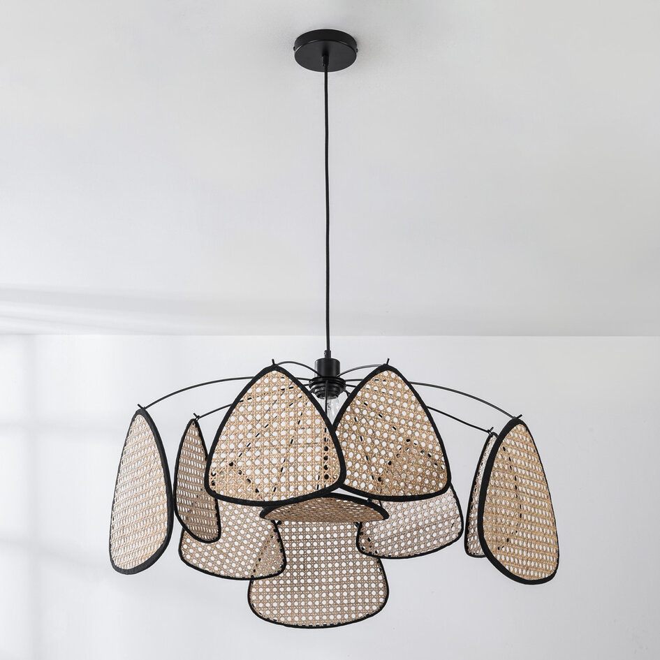 Zwarte boho hanglamp Floare met rotan