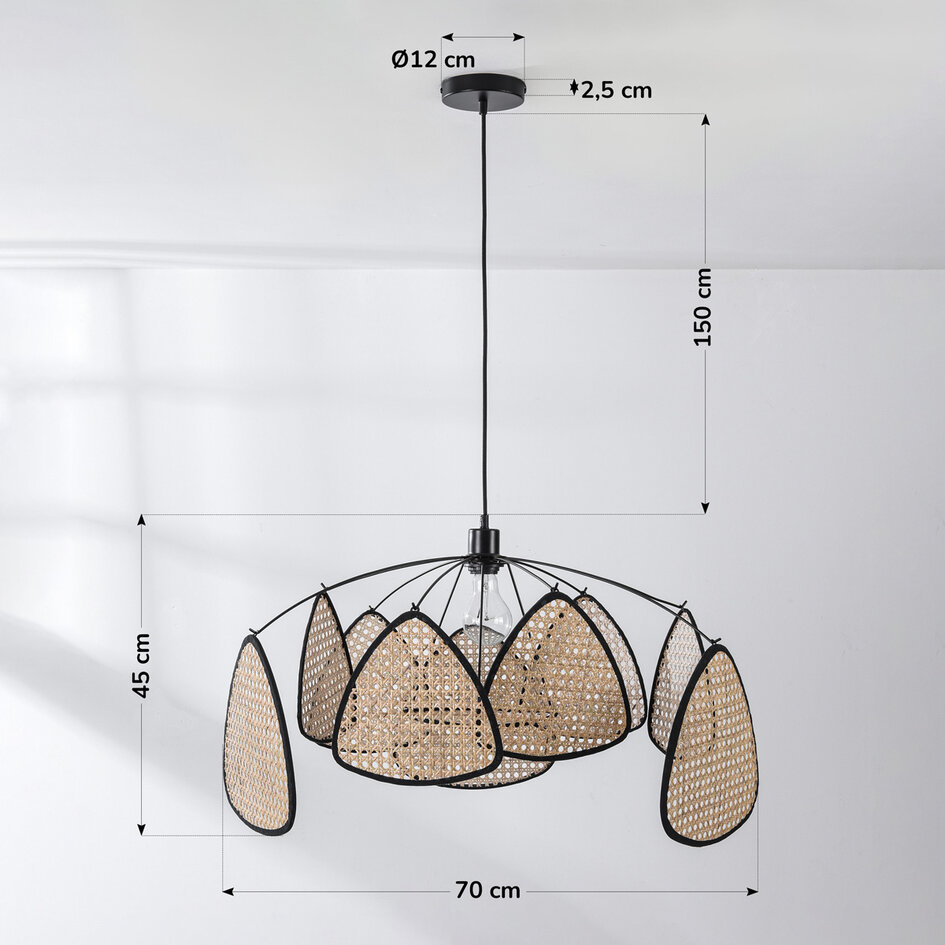 Zwarte boho hanglamp Floare met rotan