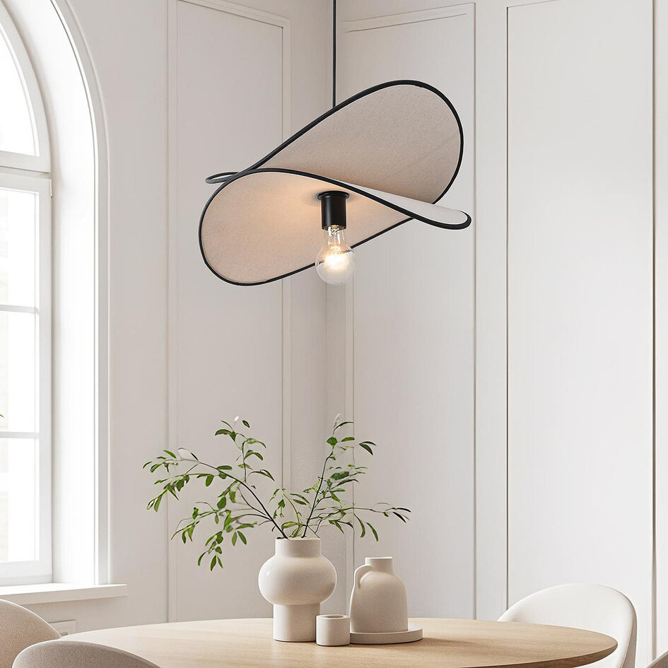 Design hanglamp Sapca, wit linnen met zwarte accenten