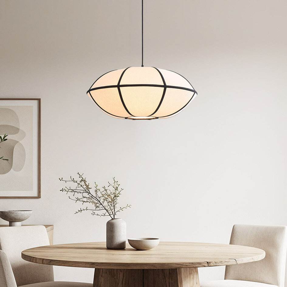 Minimalistische linnen hanglamp Ovala - wit met zwarte accenten