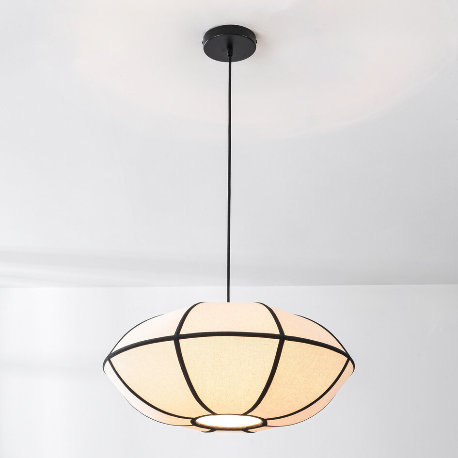 Minimalistische linnen hanglamp Ovala - wit met zwarte accenten
