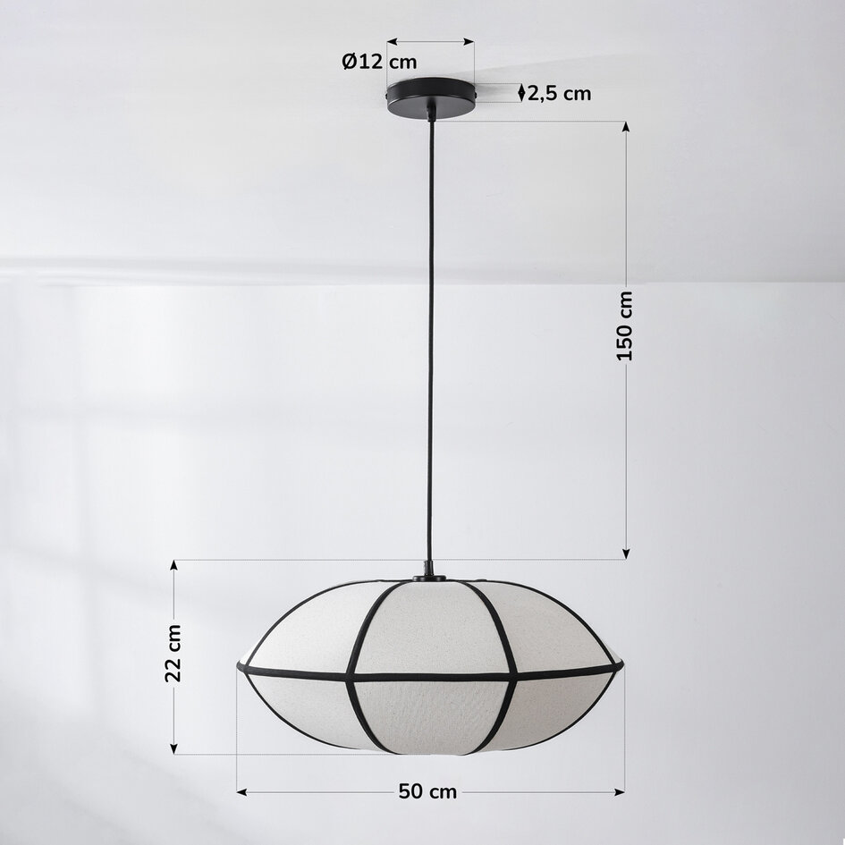 Minimalistische linnen hanglamp Ovala - wit met zwarte accenten
