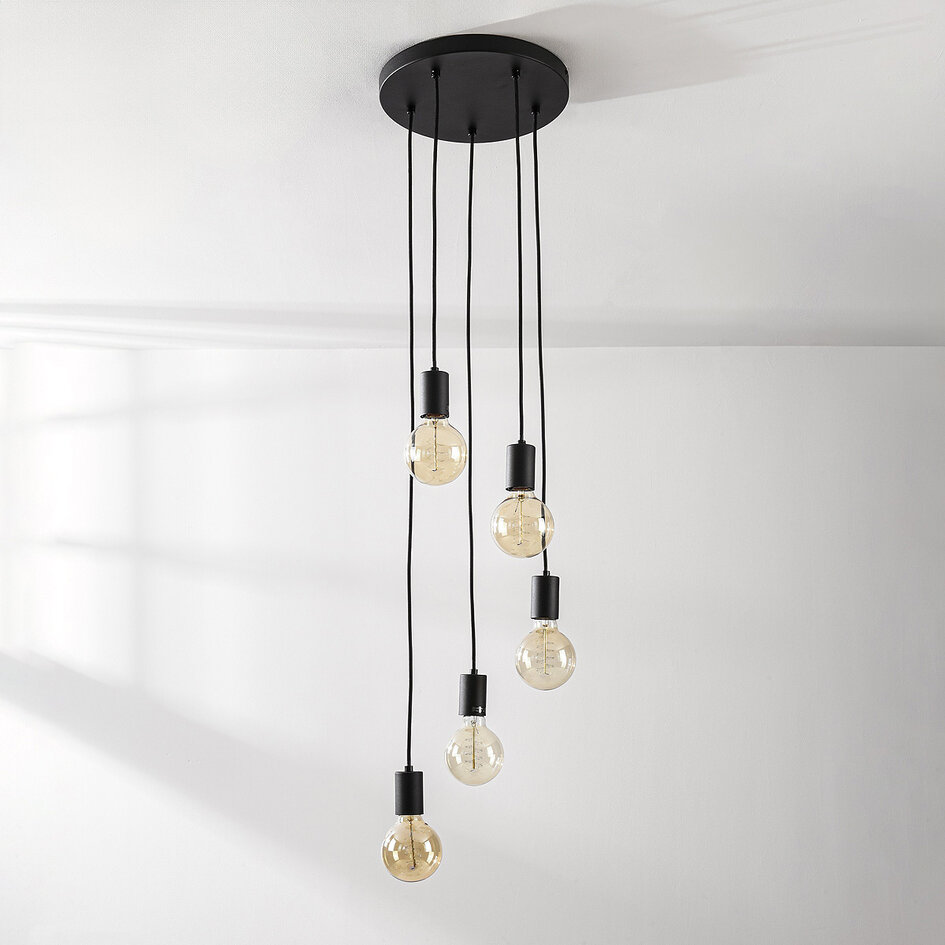 Industriële 5-lichts snoerpendel Illumine - zwart (excl. E27 lampen)
