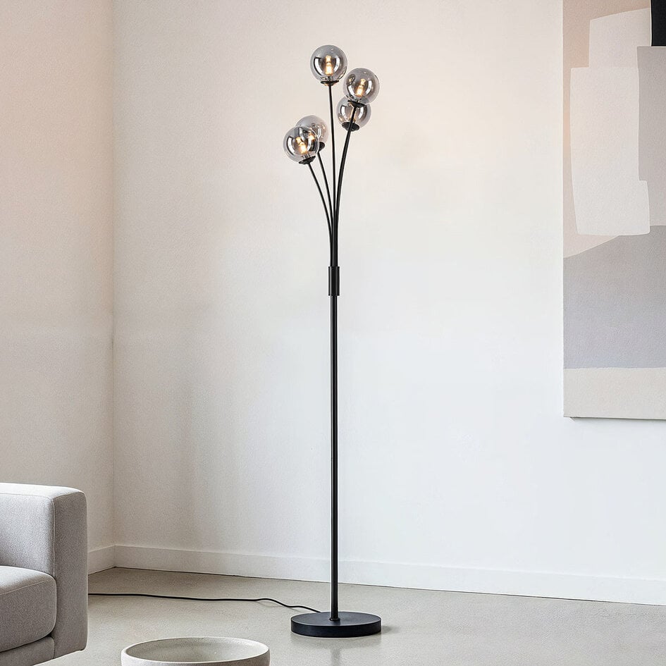 Staande lamp Claire 5-lichts in zwart met smoke glas