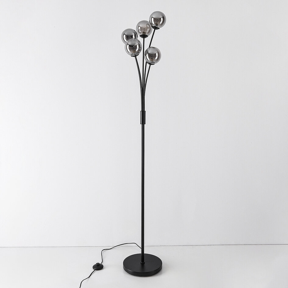 Lampadaire Claire noir avec verre fumé, 5 lumières
