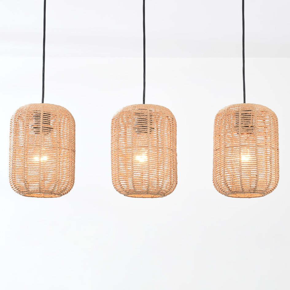 3-lichts hanglamp Terre - zwart metaal en natuurlijke kappen