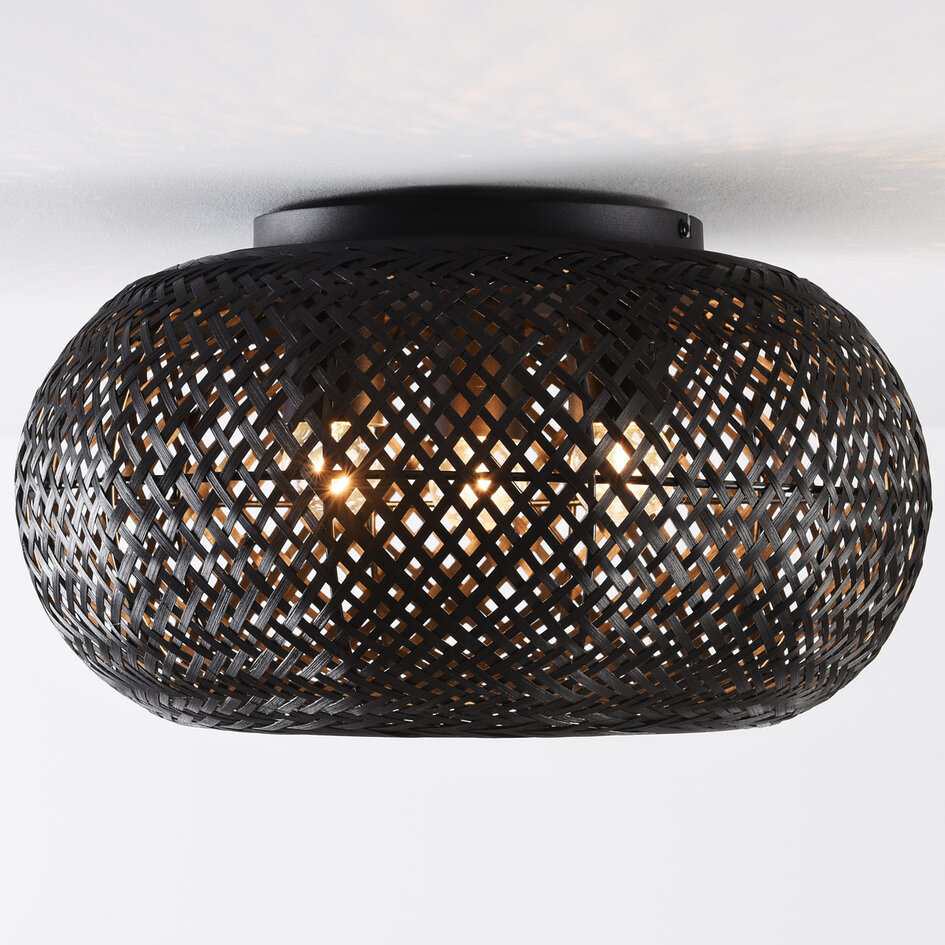 3-lichts plafondlamp Caia van handgevlochten bamboe - zwart