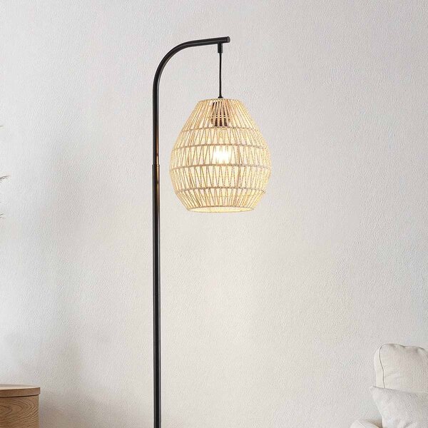 Lampadaire à arc Lys noir avec abat-jour naturel