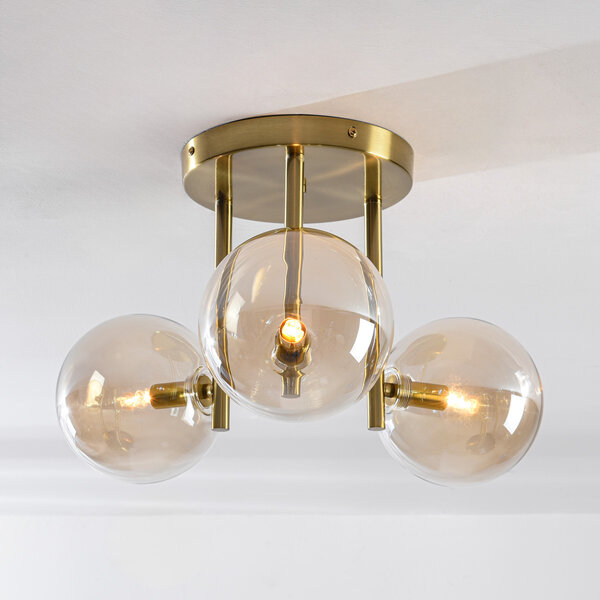 3-lichts plafondlamp Elora messing met cognac glas