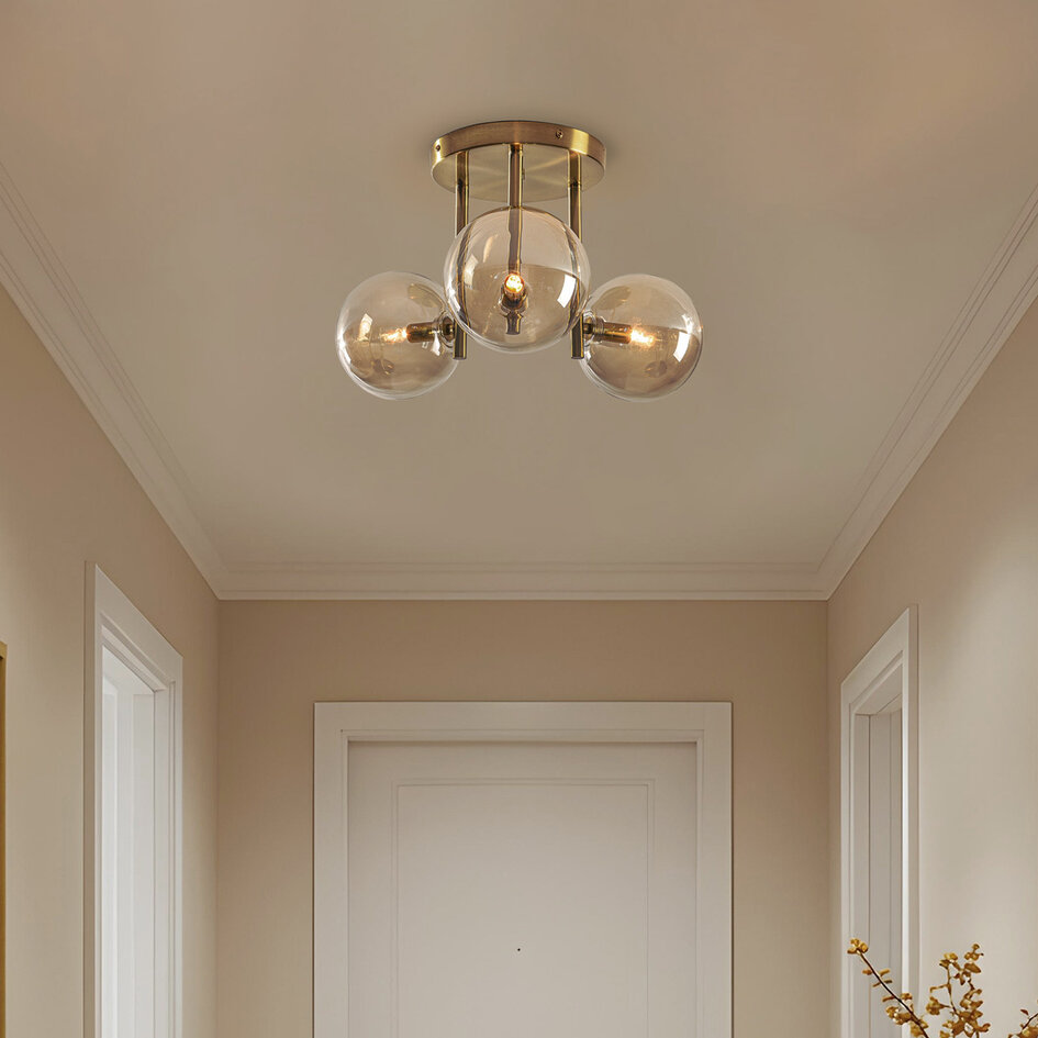 3-lichts plafondlamp Elora messing met cognac glas