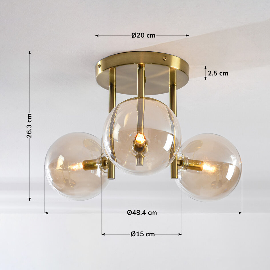 Plafonnier à 3 lumières Elora laiton et verre cognac