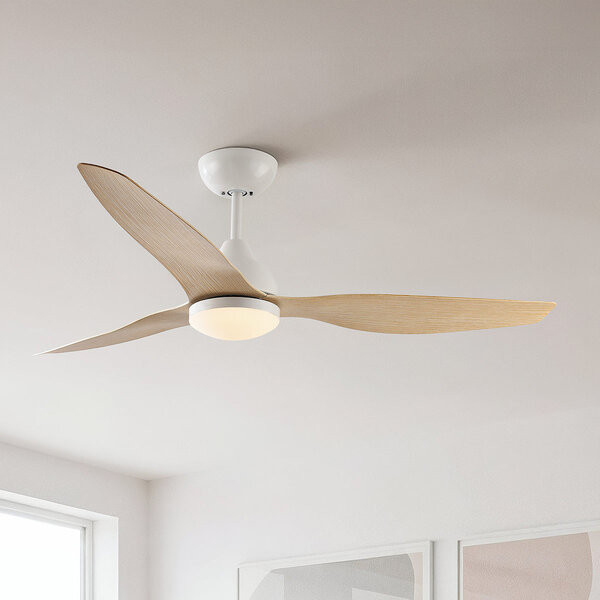 Plafondventilator Oiseau met dimbare LEDs en lichthouten bladen - houtoptiek