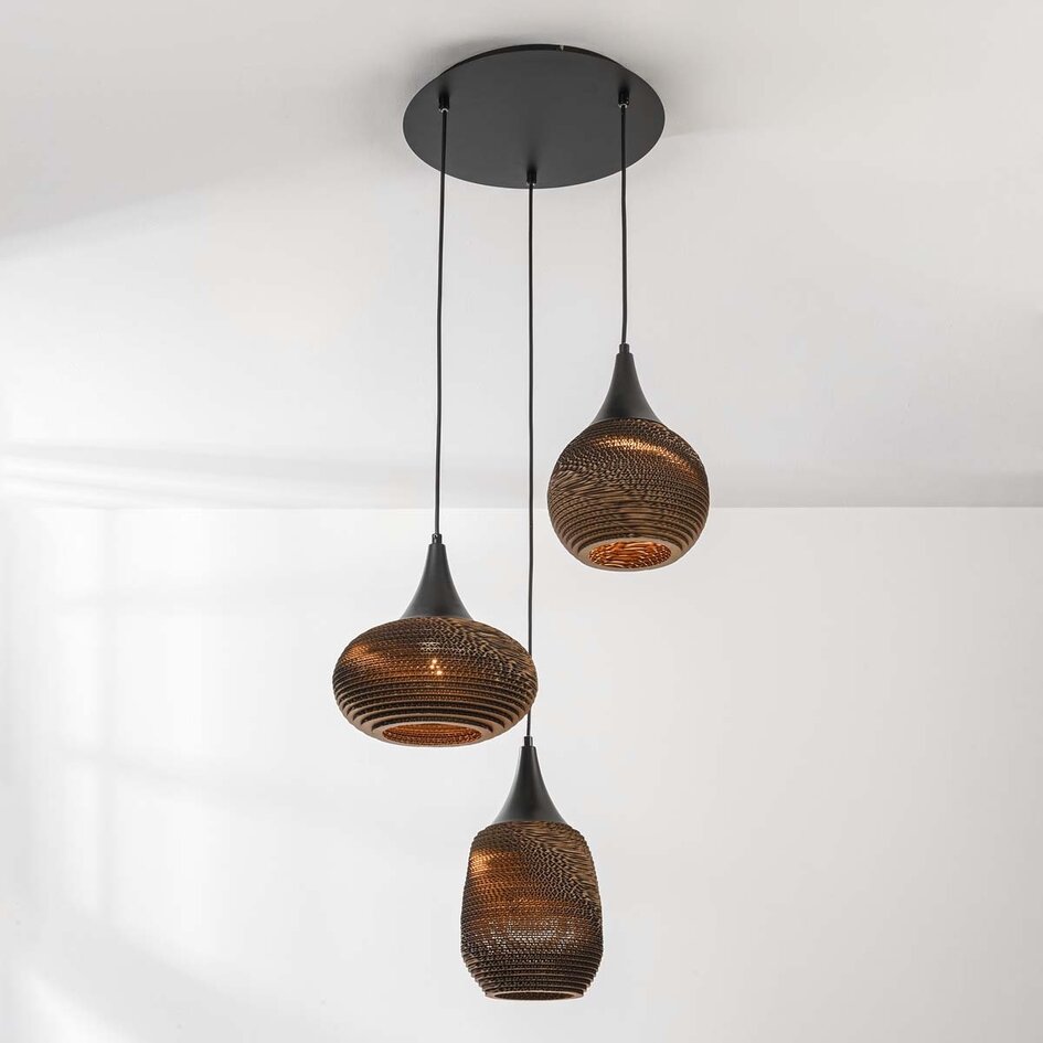 3-lichts design hanglamp van karton Zensa - zwart en bruin