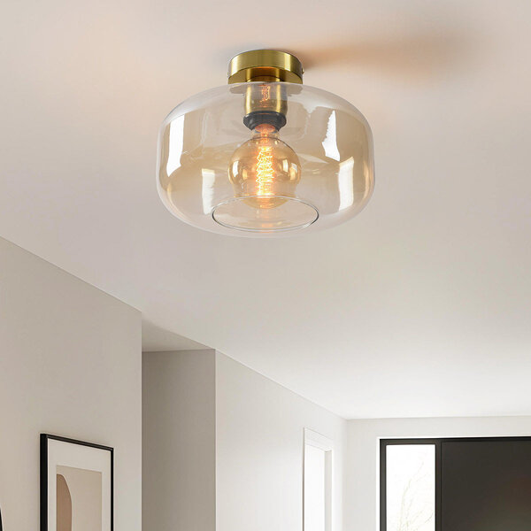 Plafondlamp Dome goud met amber glas