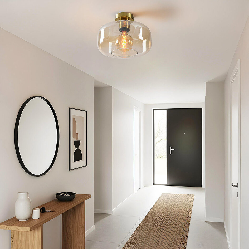 Plafondlamp Dome goud met amber glas