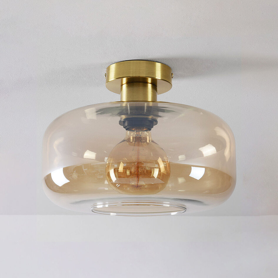 Plafondlamp Dome goud met amber glas