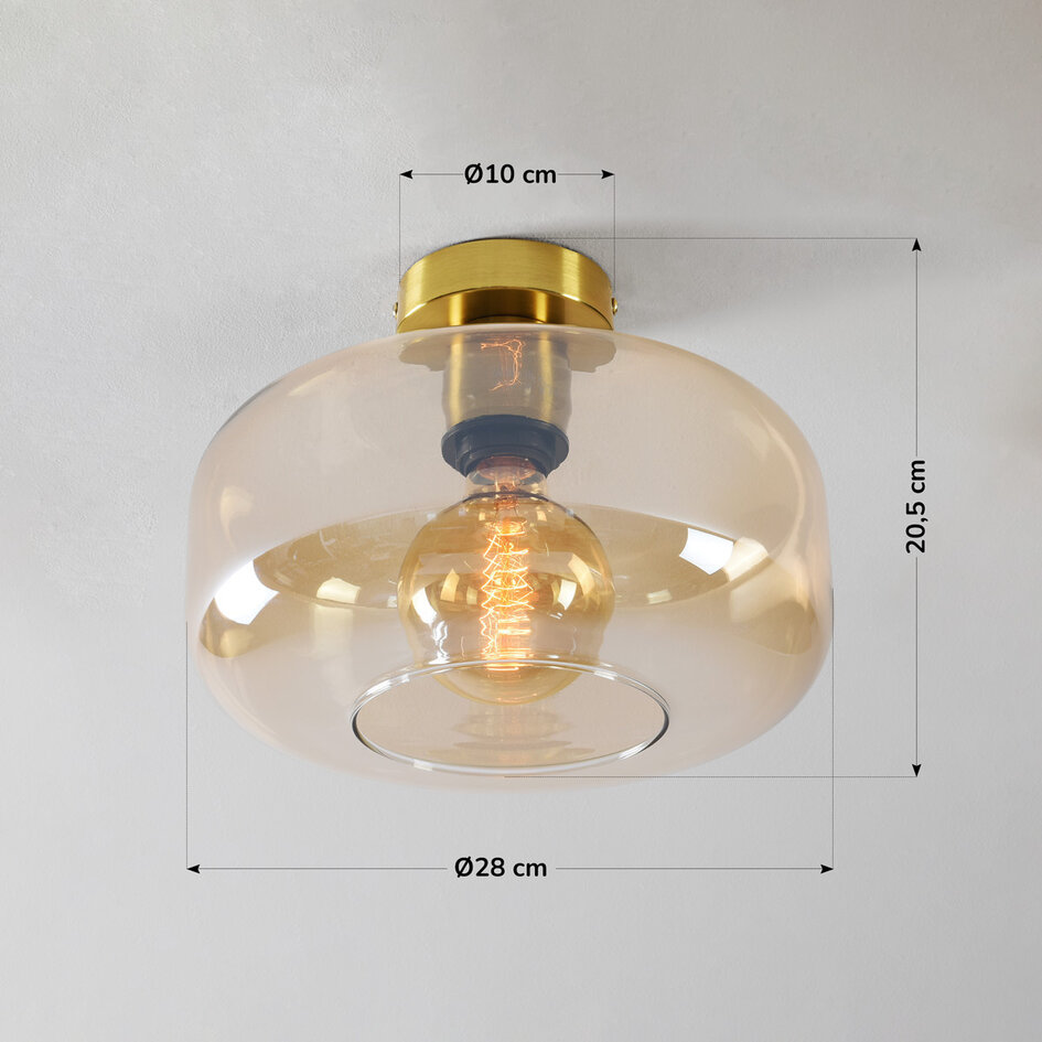 Plafondlamp Dome goud met amber glas