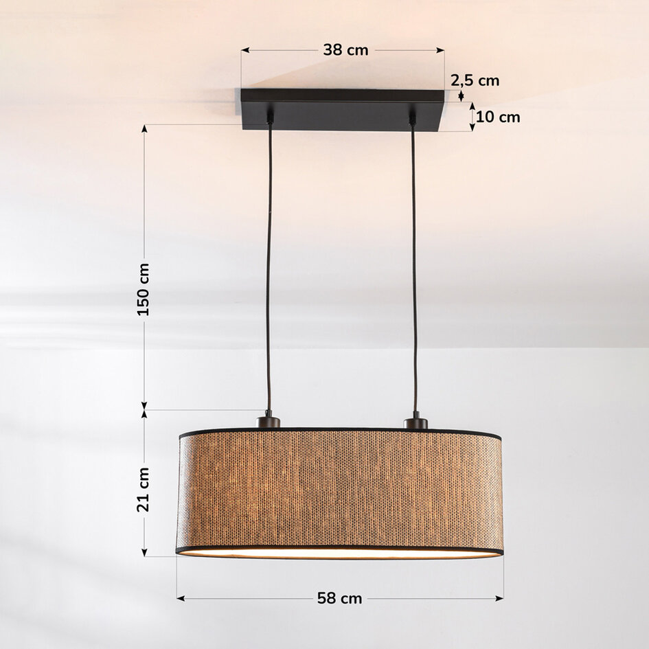 2-lichts moderne hanglamp Esmora zwart met ovale stoffen kap