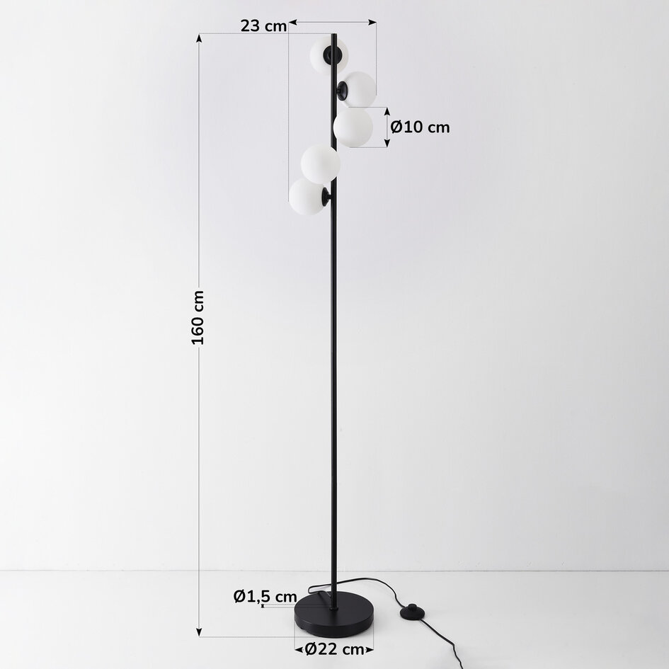 Lampadaire Tyson avec cadre noir et verre laiteux 5 lumières