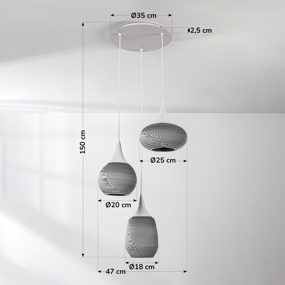 Lampe suspendue design en carton Zensa, 3-lumières - blanc