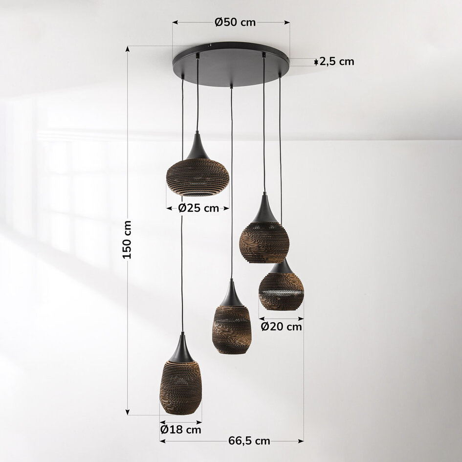 5-lichts design hanglamp van karton - Filtra