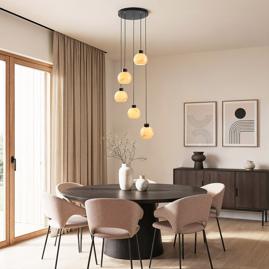 Moderne hanglamp Marmore mat zwart met marmerlook bollen, 5-lichts