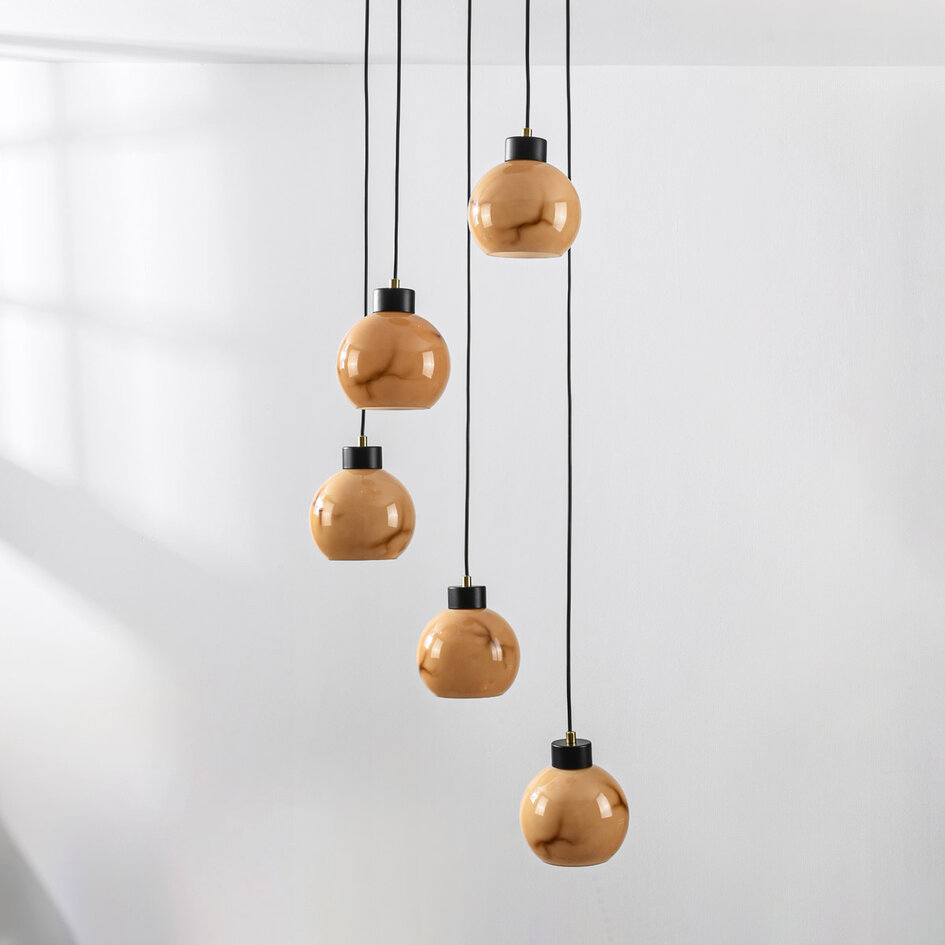 Moderne hanglamp Marmore mat zwart met marmerlook bollen, 5-lichts