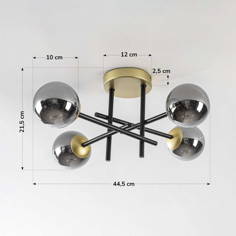Plafondlamp Caleb, 4-lichts smoke glas met spiegeleffect