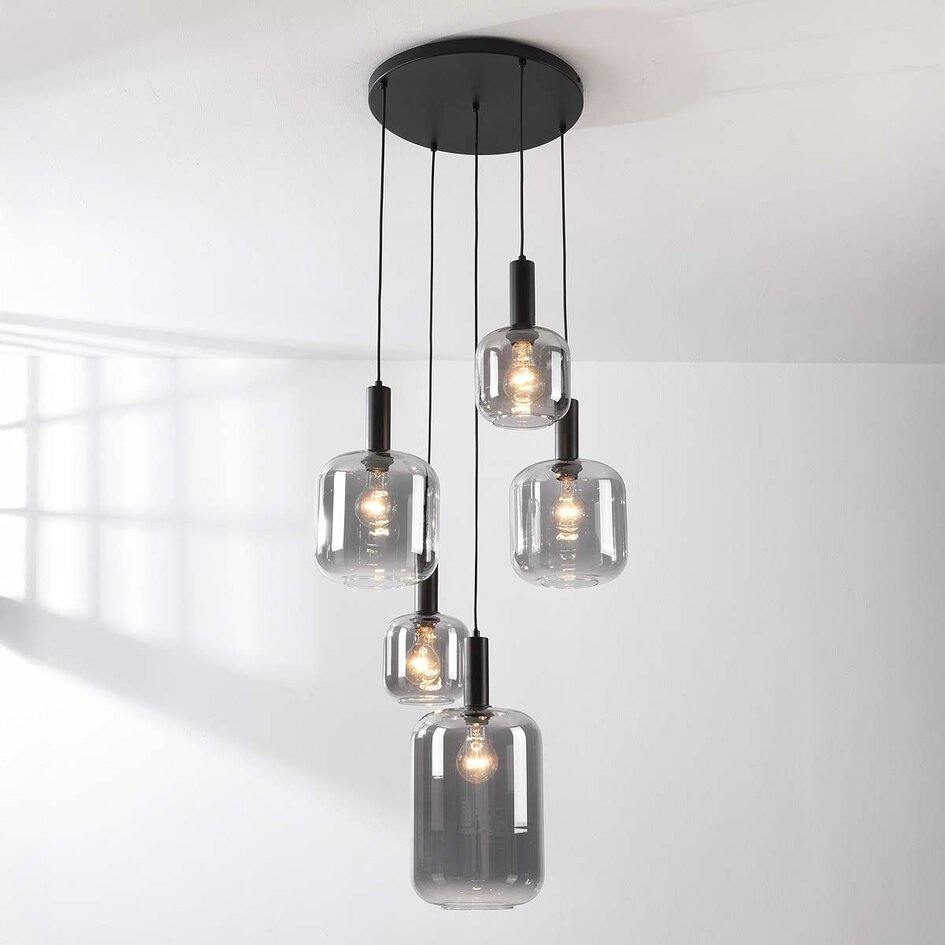 Lampe suspendue Rustique 5 lumières avec verre fumé et fixation noire