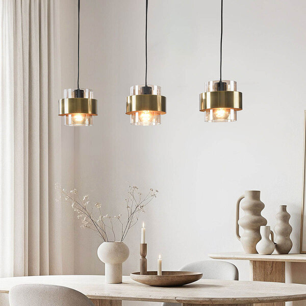 Eigentijdse hanglamp Faey 3-lichts en amber glas Eigentijdse hanglamp Faey 3-lichts en amber glas