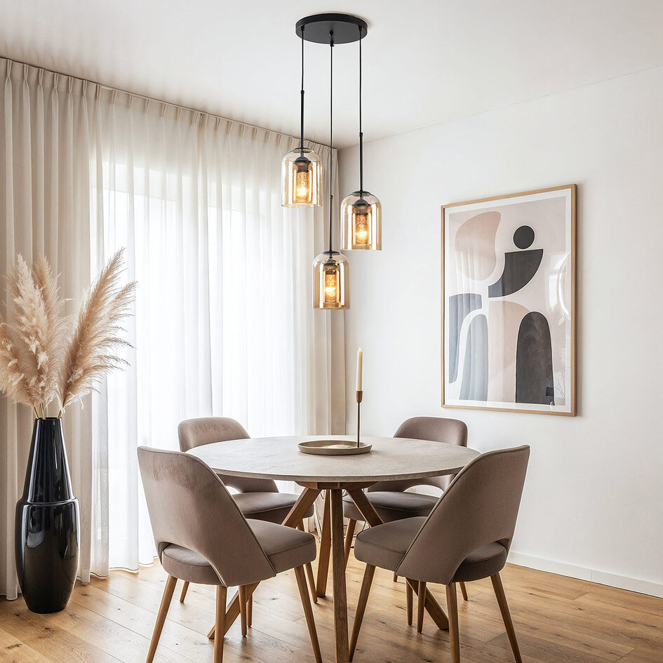 Lampe suspendue design Turella 3 lumières avec verre ambré