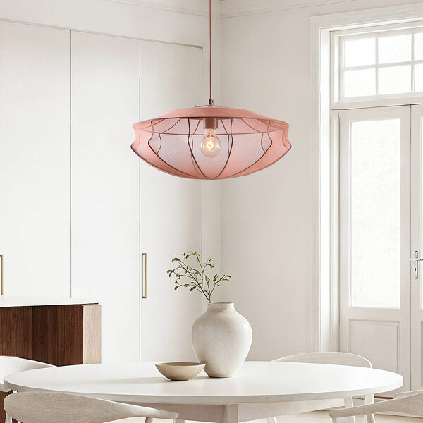 Minimalistische hanglamp Feronia met zachtroze stoffen kap Ø45 cm