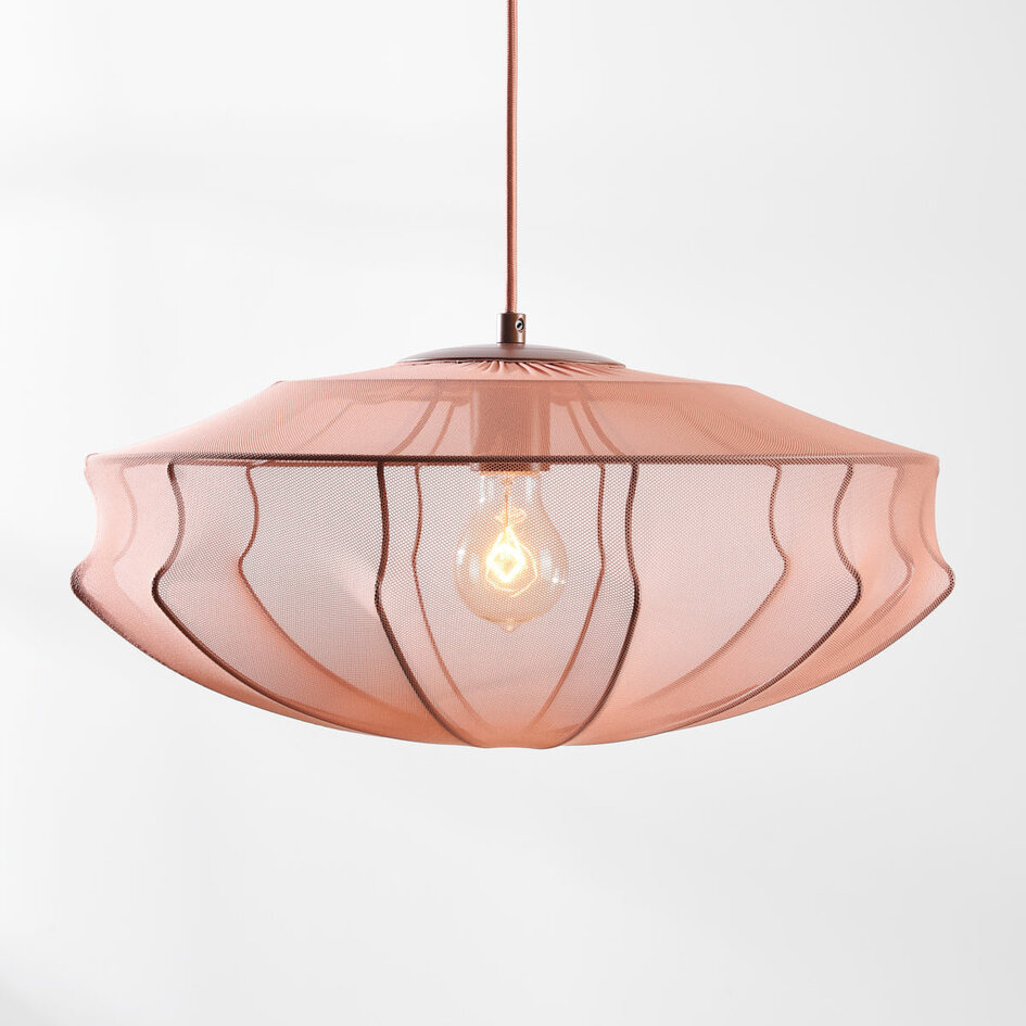 Minimalistische hanglamp Feronia met zachtroze stoffen kap Ø45 cm