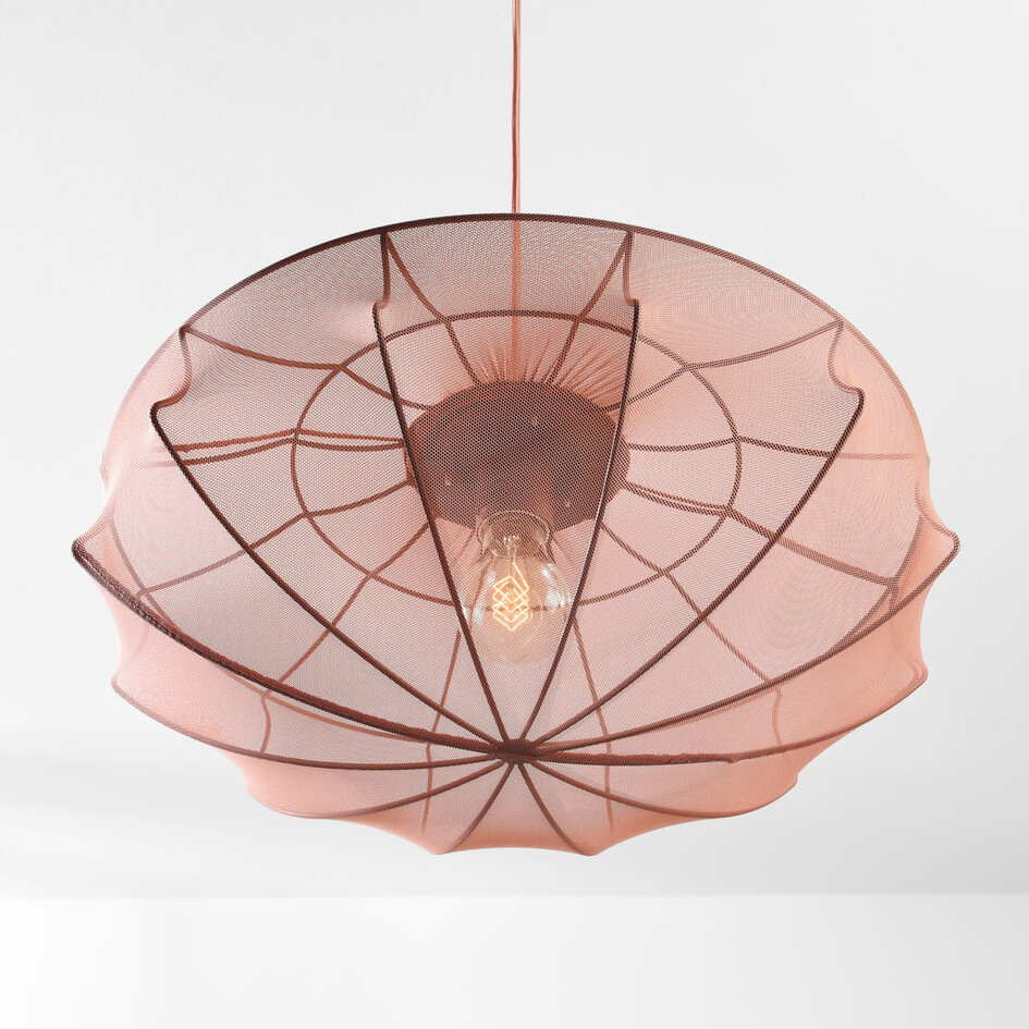 Minimalistische hanglamp Feronia met zachtroze stoffen kap Ø45 cm