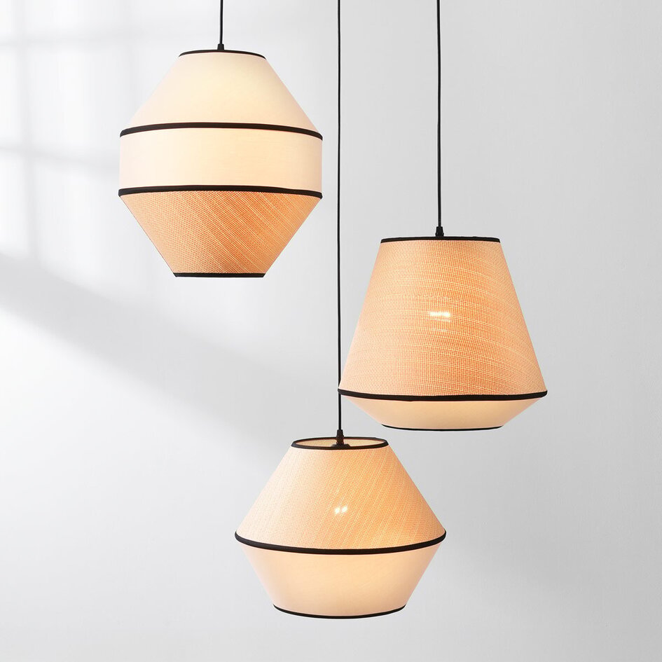 3-lichts Japandi hanglamp Rep met natuurlijke kappen van stof en gevlochten touw