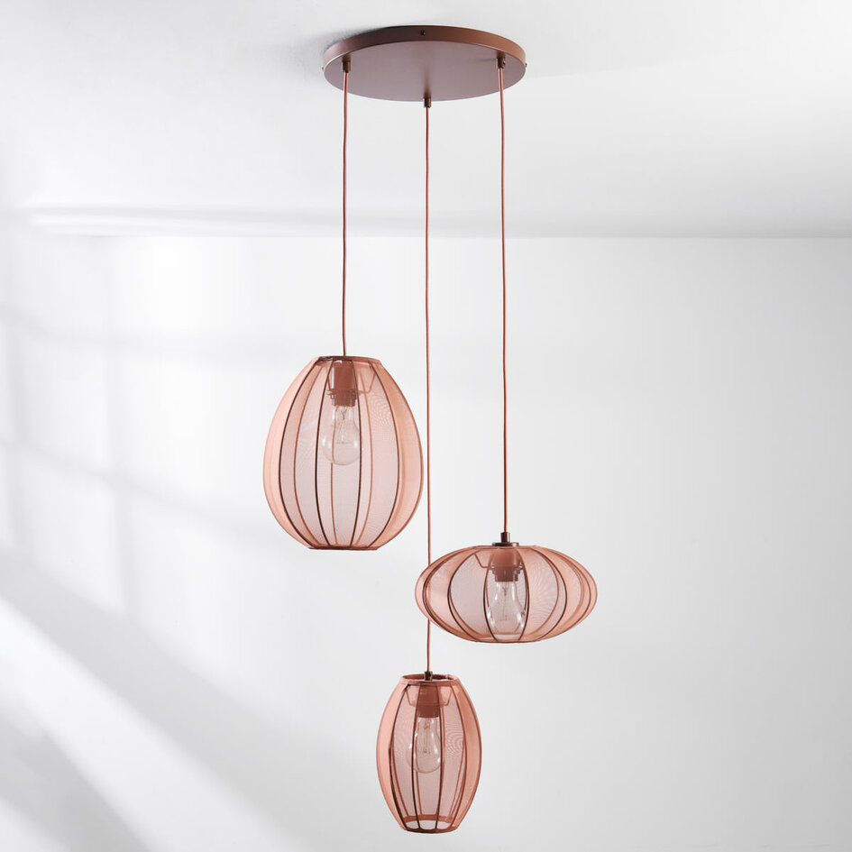 Suspension Japandi Velora à 3 lumières avec abat-jour en tissu rose