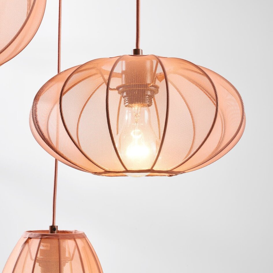 Suspension Japandi Velora à 3 lumières avec abat-jour en tissu rose