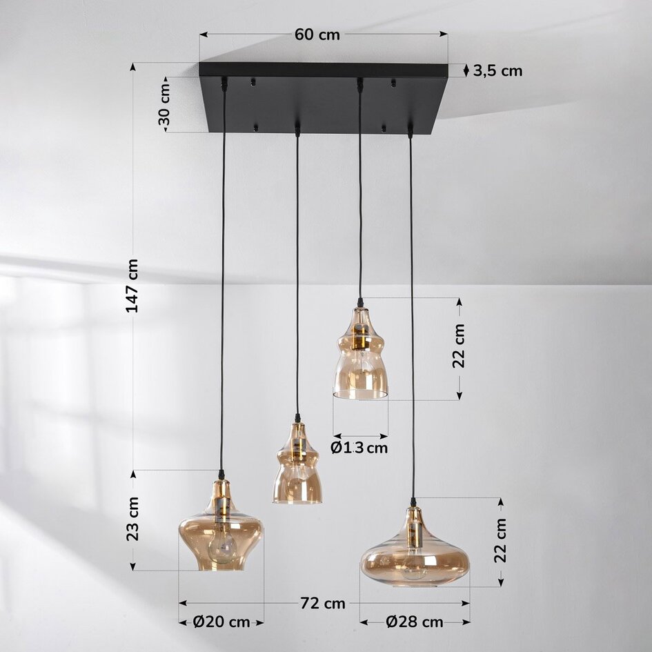 Retro hanglamp Maracas met amber glas - 4-lichts