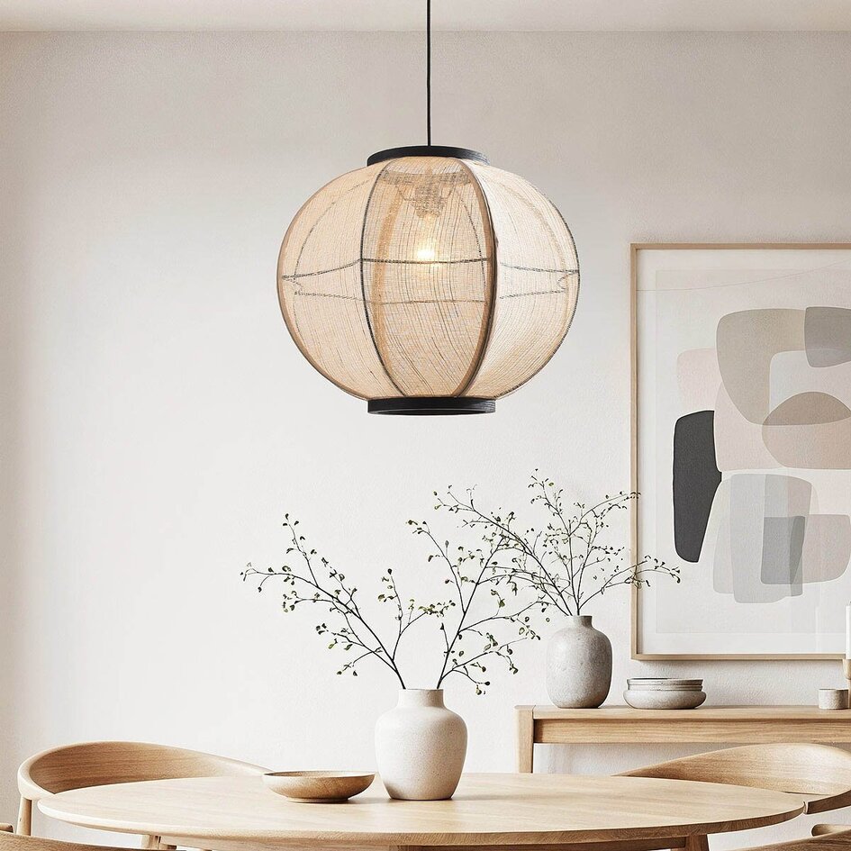 Lampe suspendue Japandi Chairo - lin naturel et bois noir