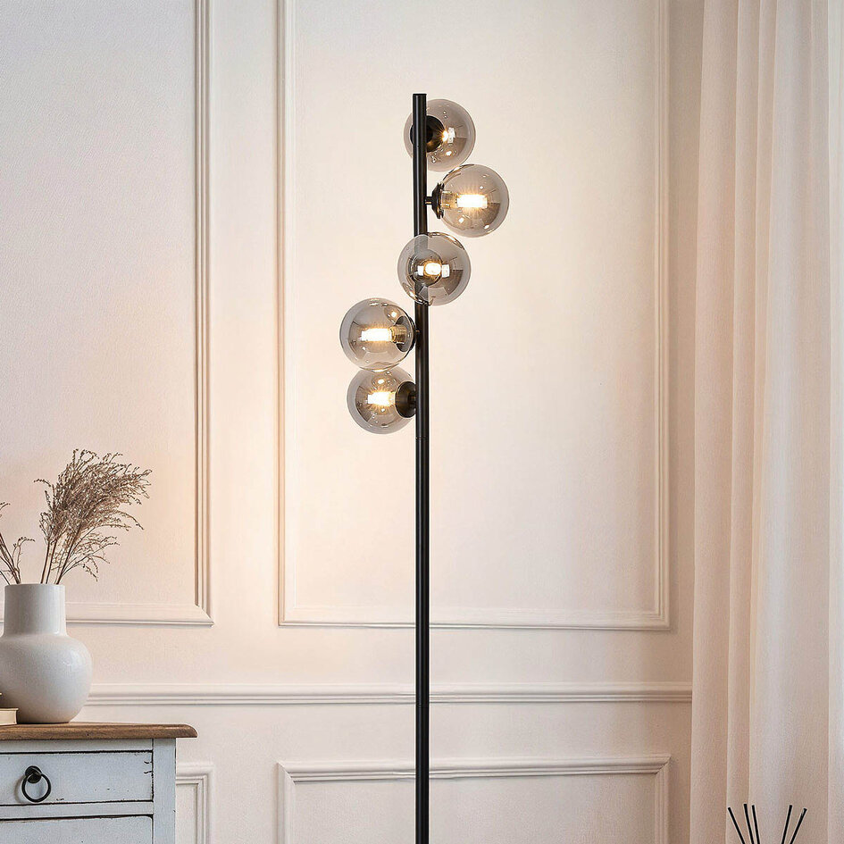 Lampadaire Tyson noir avec verre fumé, 5 lumières